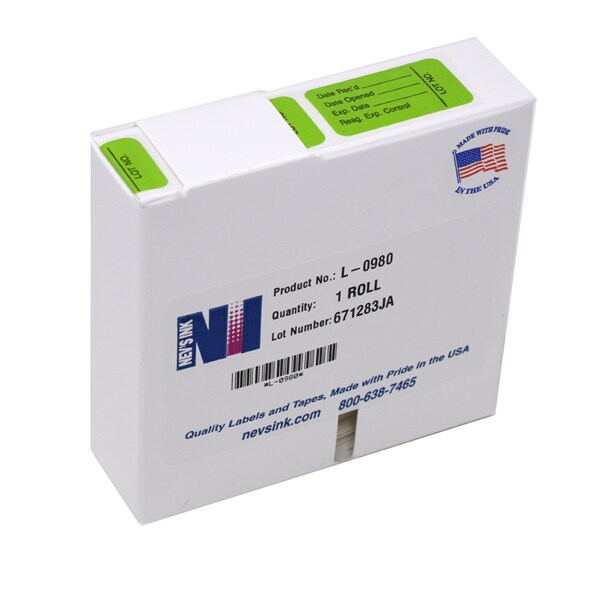 Nevs LOT NO DateRecd/DateOpen/ExpDate/ReagExp/Control7/8"x1-5/8"Green w/blk L-0980 - main